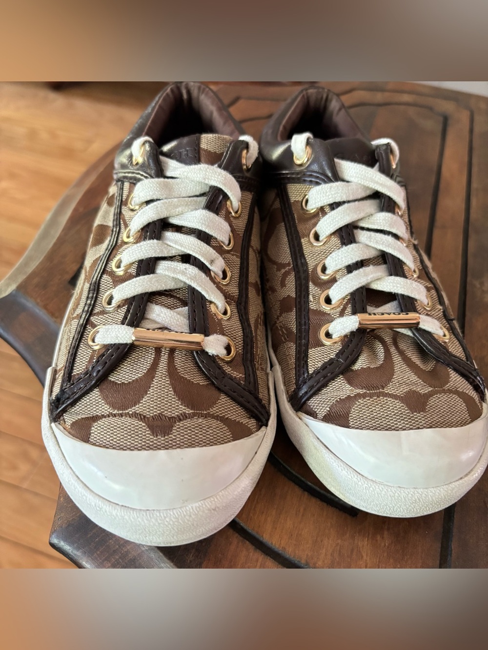 COACH Women’s Brown Signature Monogram Canvas Sneakers with White Laces